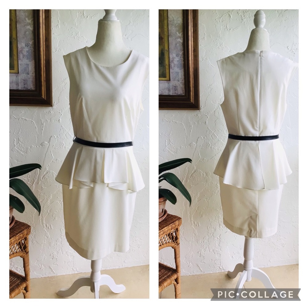 Elegant Cream Sleeveless Dress with Black Belt
